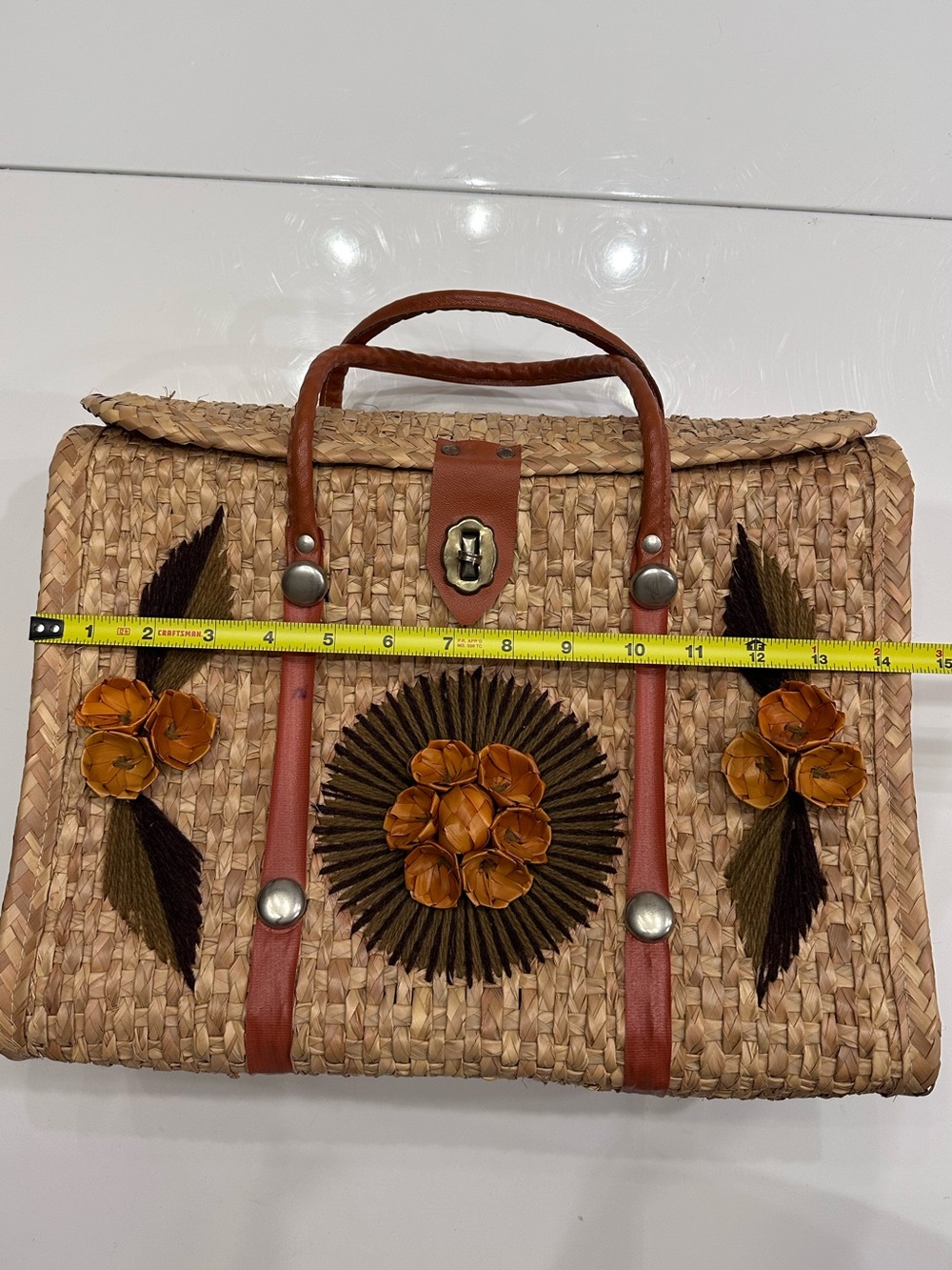 Vintage 70s Mexican Straw Woven Basket Purse Floral Raffia Boho Box Bag - Picture 13 of 15